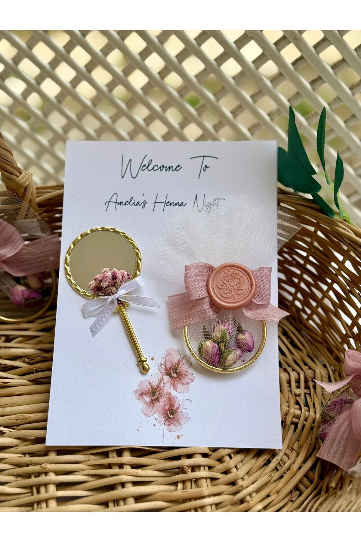 Ayna-Halka Çiçeği Seti 10 Adet(Düğün, Nişan, Kına, Nikah) İSME ÖZEL