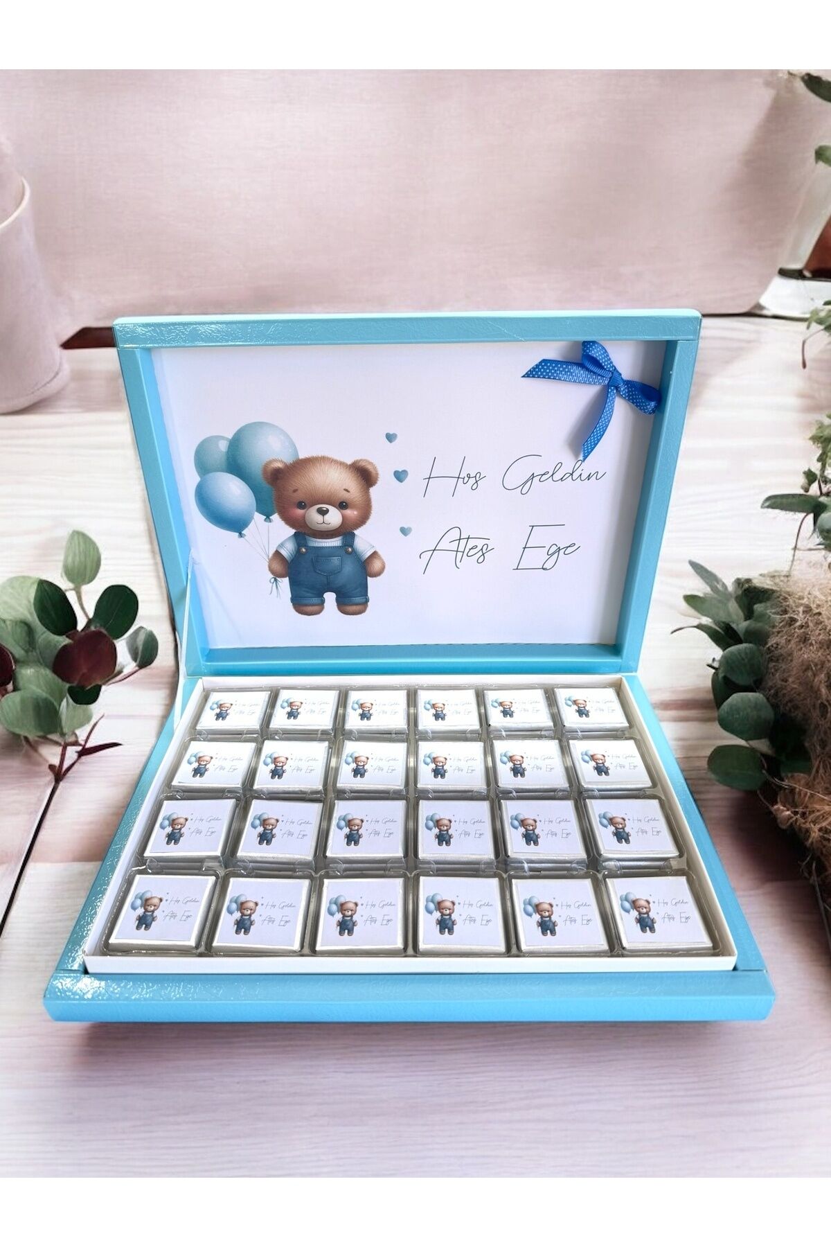 MAVİ Balonlu isimli Erkek Bebek Çikolatası Doğum-MEVLİD-HEDİYELİK Çikolata 72li