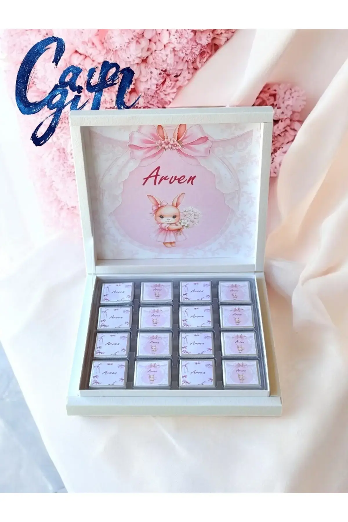 İSME ÖZEL FİYONKLU TAVŞAN KIZ BEBEK ÇİKOLATASI DOĞUM,DOĞUM GÜNÜ ÇİKOLATA 48'Lİ