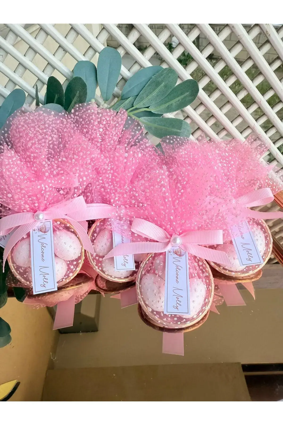 10 Adet Pembe Kurdele Süslemeli Halka Şekerleme (Nikah, Nişan, Söz, Düğün Hediyeliği) (Magnetsiz)