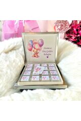 YENİ!! İsimli mor-pembe Balonlu Kız Bebek çikolatası 48li Doğum-Mevlid-Hediyelik-