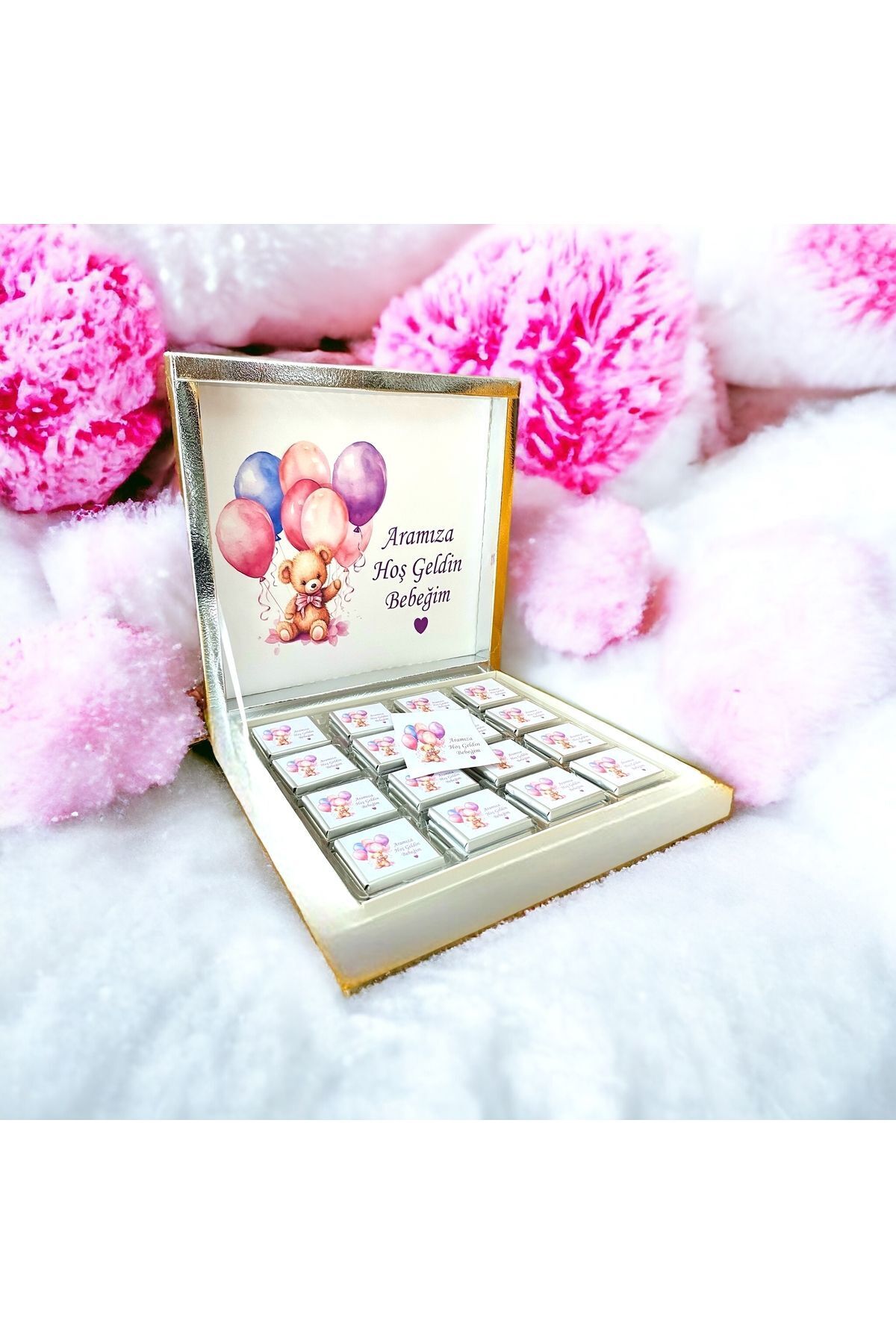 YENİ!! İsimli mor-pembe Balonlu Kız Bebek çikolatası 48li Doğum-Mevlid-Hediyelik-