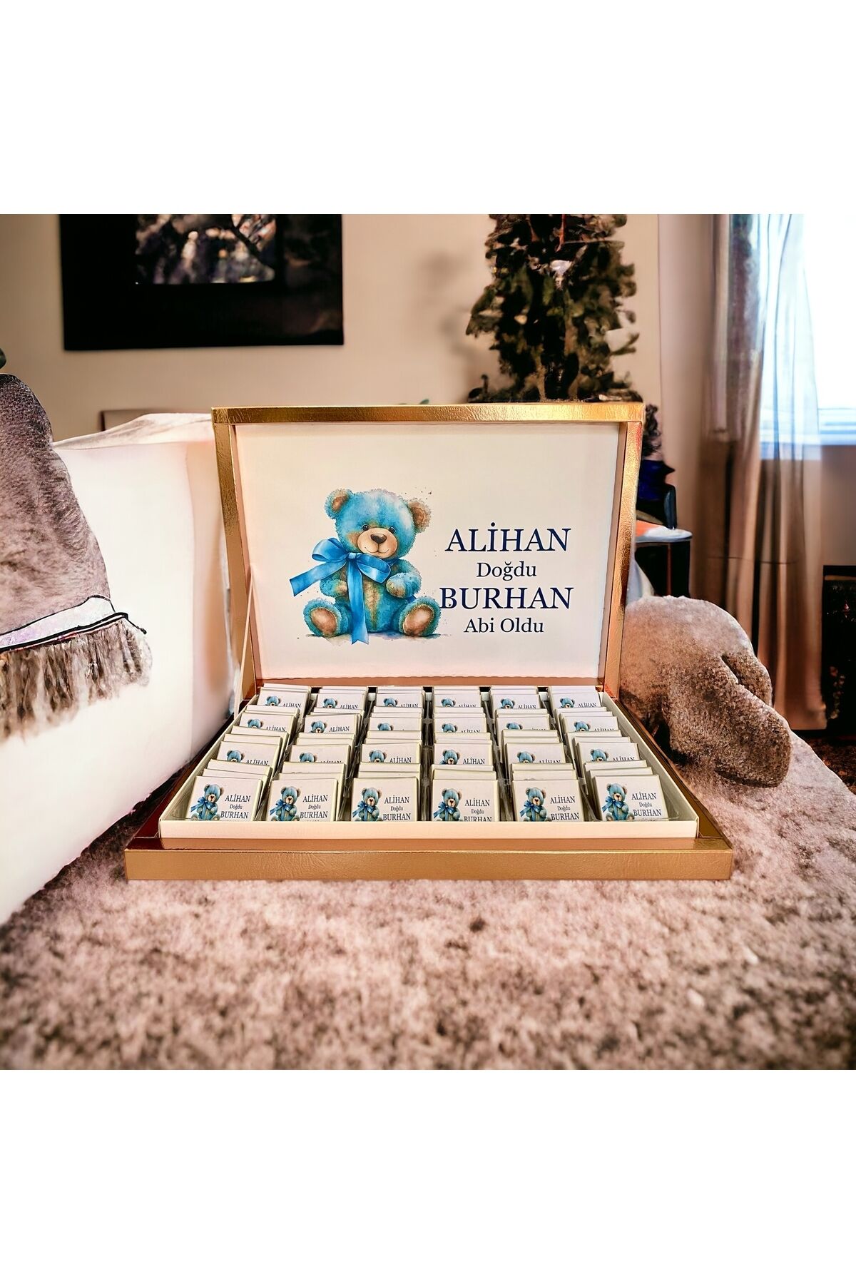 (Elit çikolata) İsimli Erkek Bebek çikolatası 72li Ayıcık Doğum-yaşgünü-hediyelik-Mevlid çikolatası