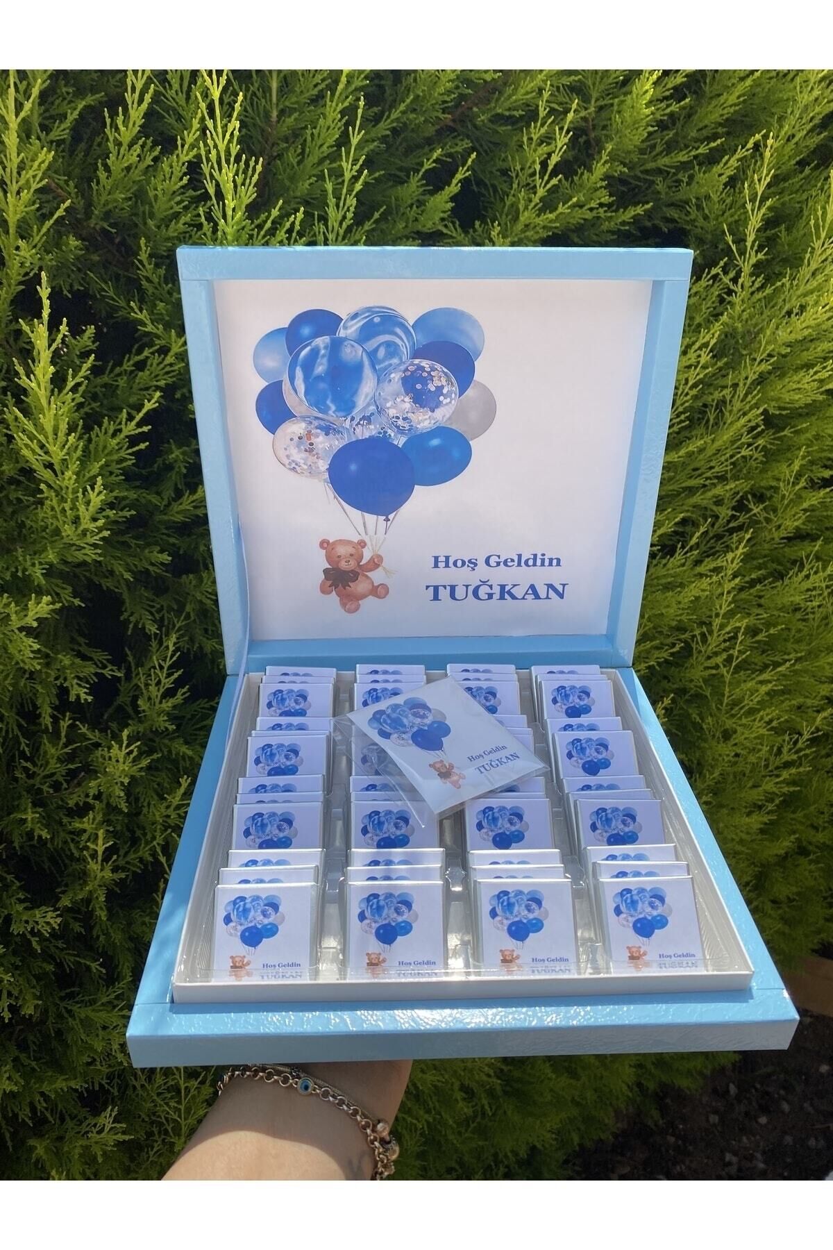 (ELİT ÇİKOLATA) Isimli Erkek Bebek Çikolası Mavi Balonlu 48li Doğum Çikolası Bebek Hediyelik