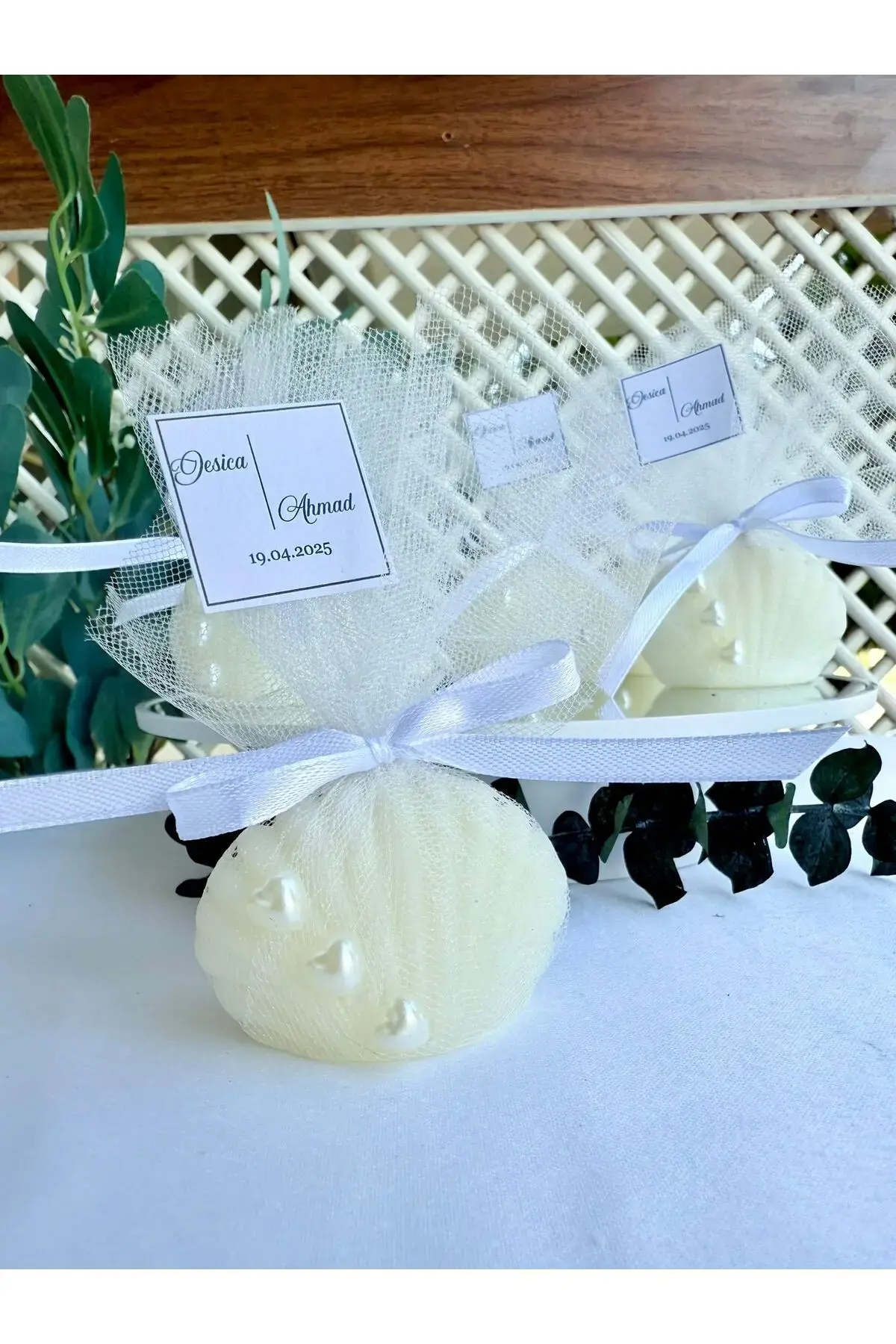 Beyaz Kurdeleli İncili İstiridye Mum 10 Adet (Nikah Şekeri, Doğum, Sünnet, Düğün Nişan Söz)