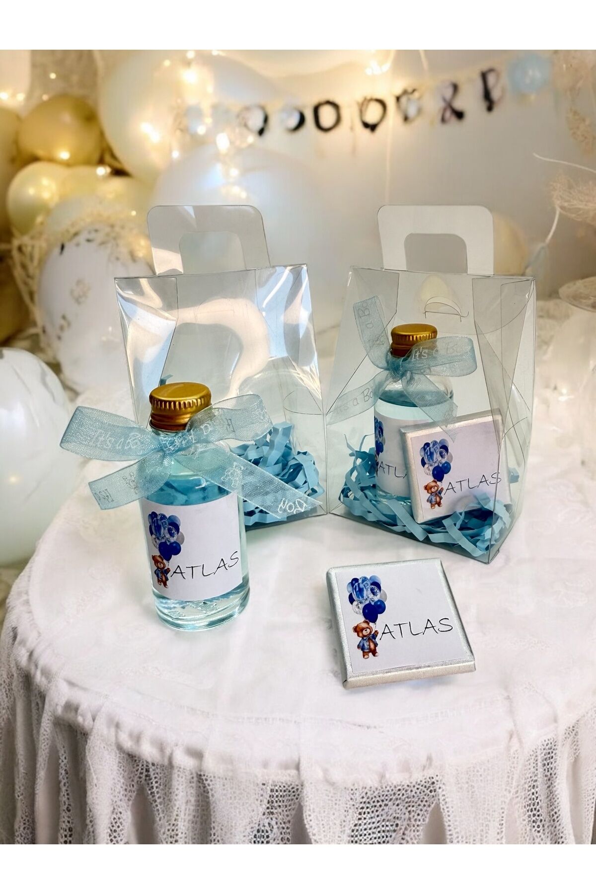 BEBEK HEDİYELİK ÇİKOLATA KOLANYA ÇANTALI SET 10 LU İSİMLİ ŞEFAF ÇANTALI  ÇİKOLATA SET