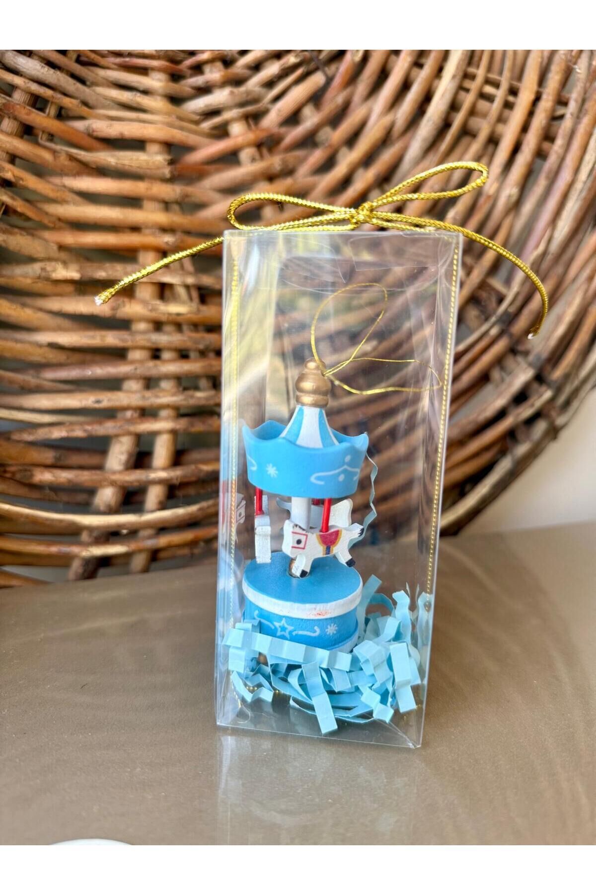 Ahşap Mavi Atlıkarınca 1 Adet Dekoratif Obje (Kız Bebek, Yılbaşı, Doğum Günü,Baby Shower) Hediyelik Beyaz