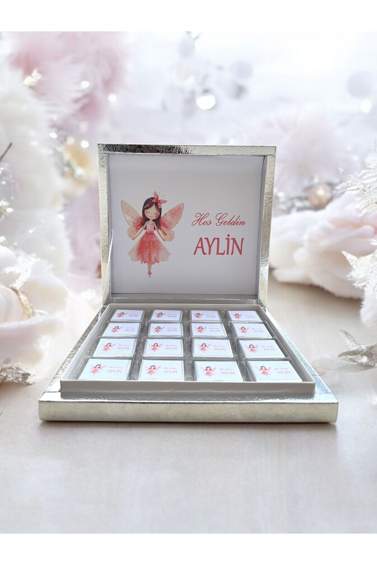 İsme Özel Peri Modelli Kız Bebek Çikolatası 48 Adet (Doğum, Doğum Günü, Mevlid)