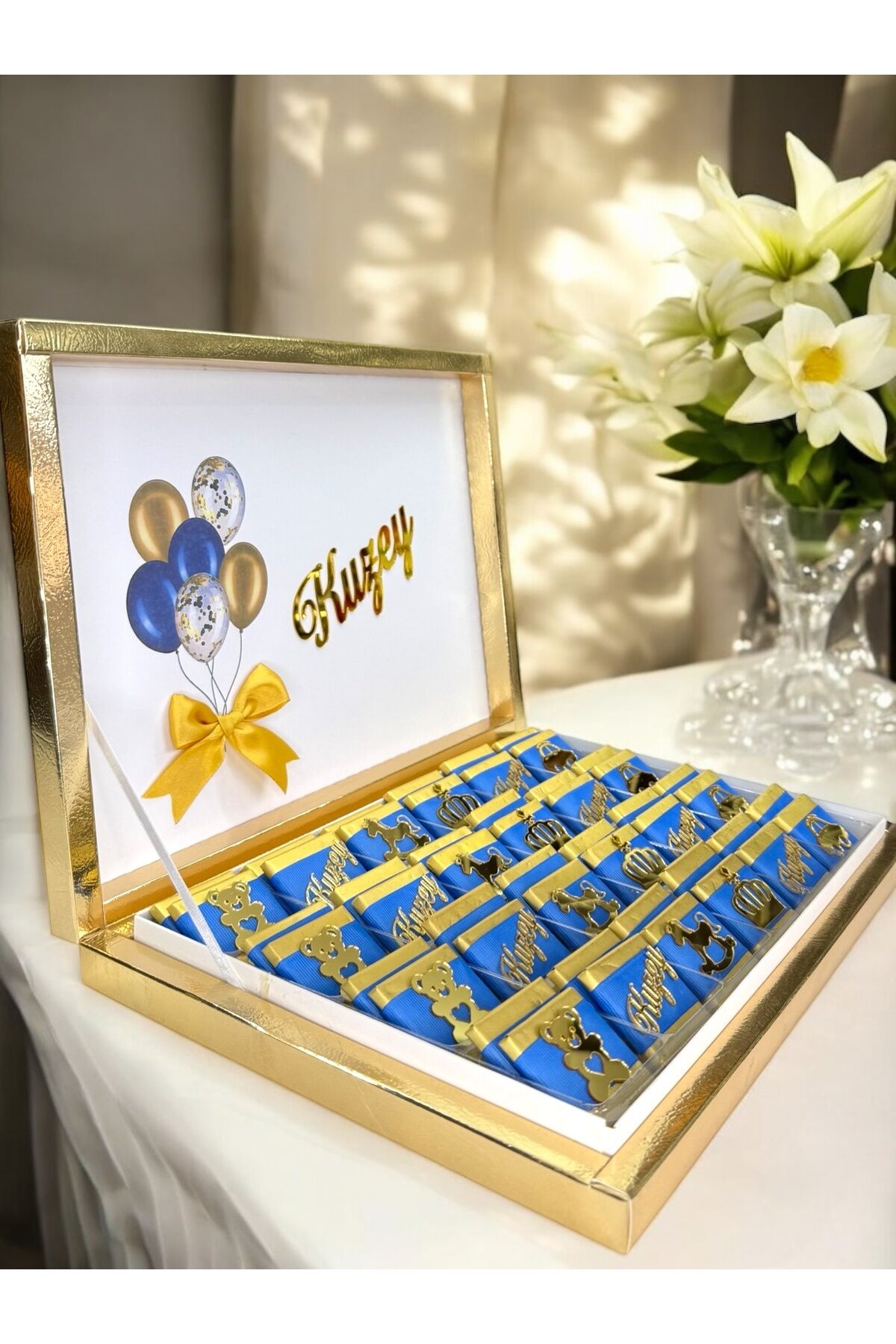 Özel Pleksi Tasarım Isimli Erkek Bebek Çikolatası Doğum-yaş Günü-mevlid lüx hediyelik Çikolata