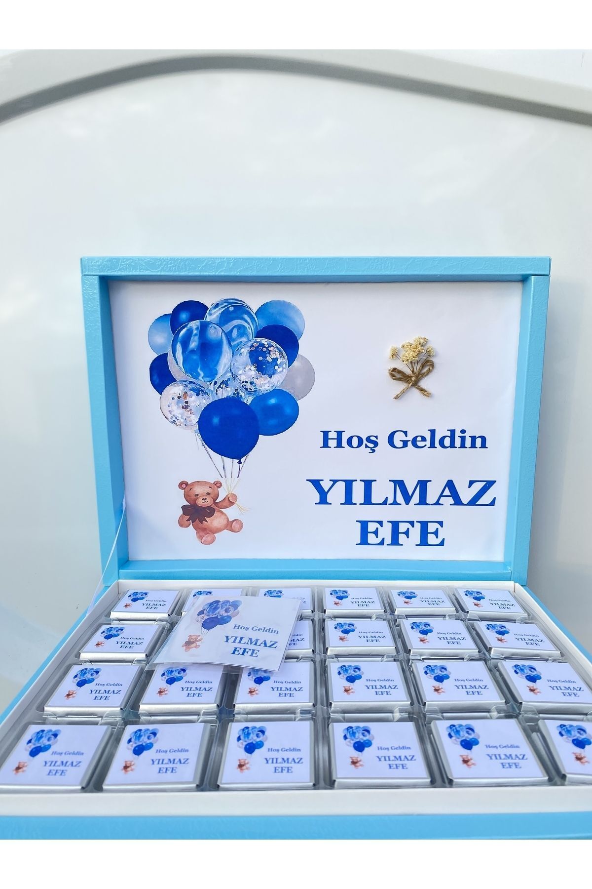 Isme Özel Balonlu (ELİT ÇİKOLATA) mavi Bebek Çikolatası 72li Dogum-yaş Günü-hediyelik Çikolata